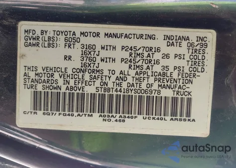 2000 Toyota Tundra Sr5 V8 из США, поврежденный, VIN 5TBBT4418YS006978